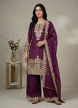 Luxurious Wine Silk Embroidered Sequins Coding Palazzo Suit