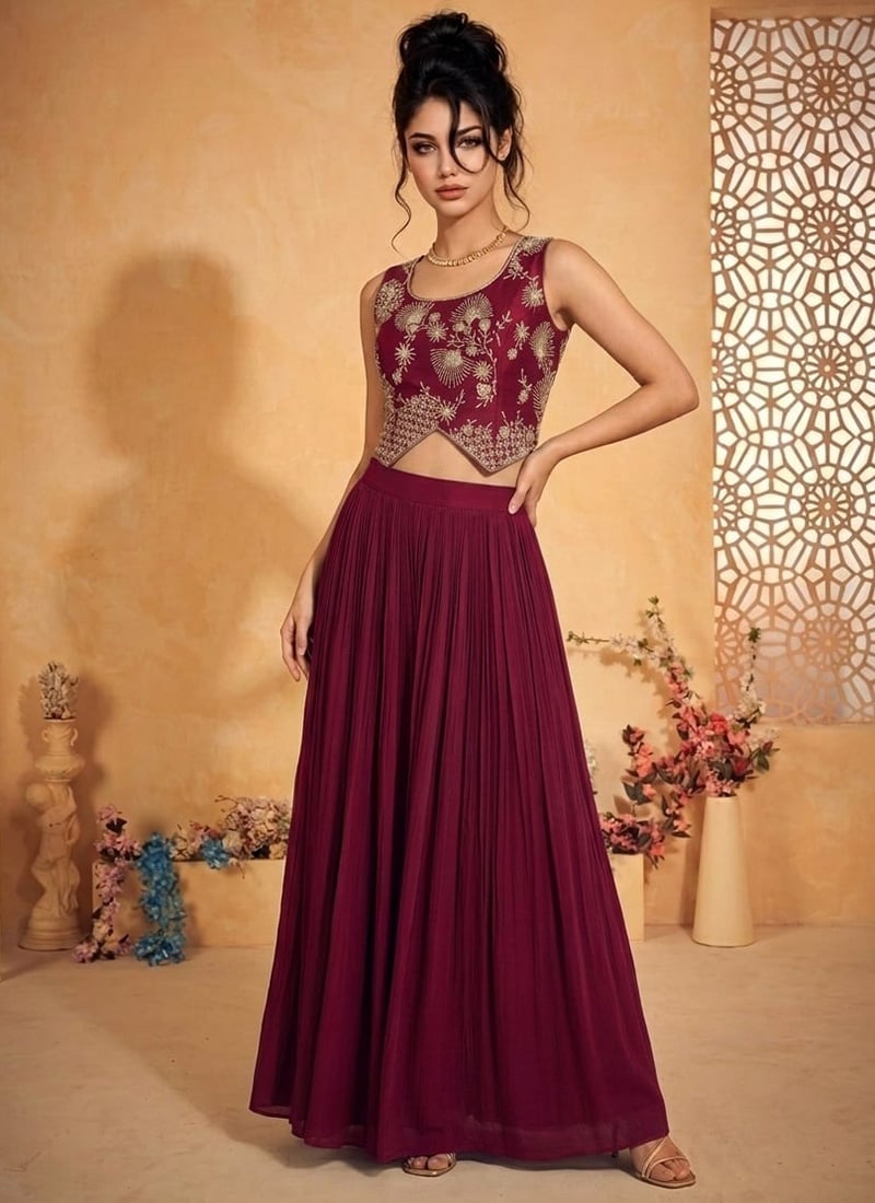 Luxurious Wine Silk Sequins Indowestern Set And Suit Wedding Wear
