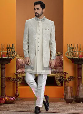 Luxury Beige Silk Sequins Embroidered Thread Mirror Work Indowestern Sherwani