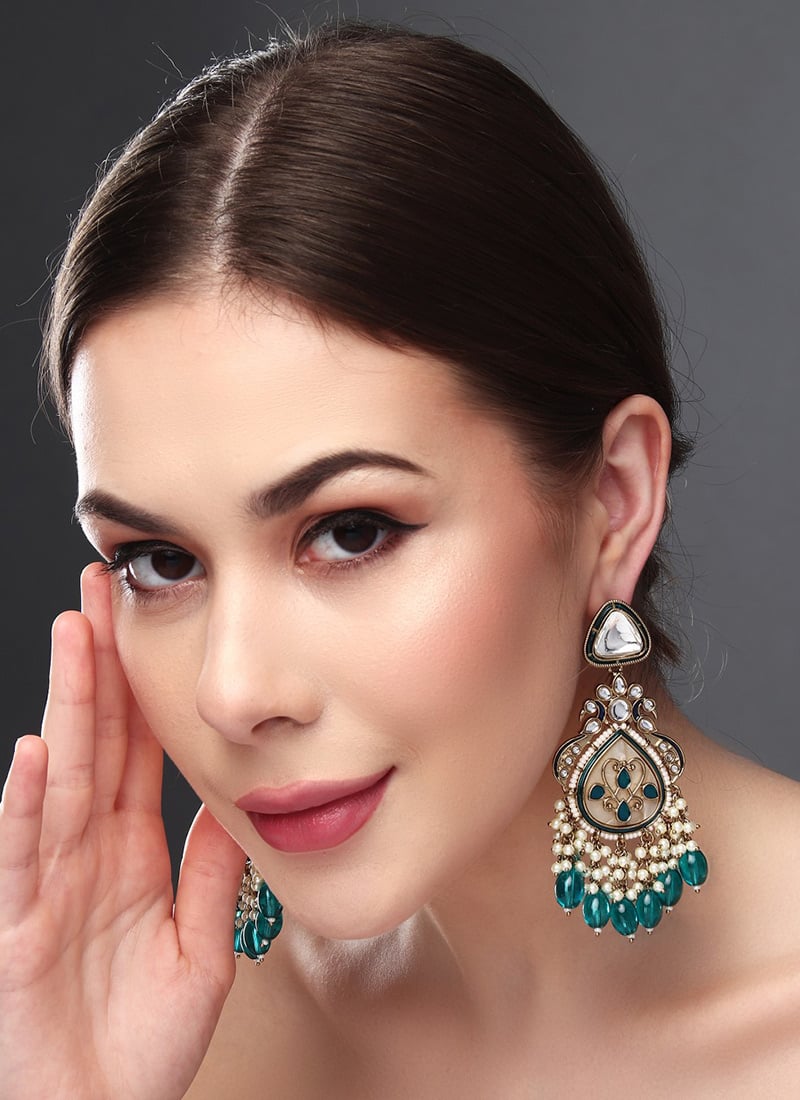 Luxury Blue Kundan Pearl Meenakari Dangler After Six Wear