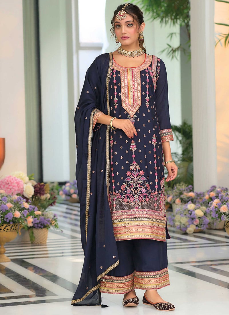 Luxury In Blue Chinon Embroidered Sequins Pakistani Palazzo Suit Festive Wear
