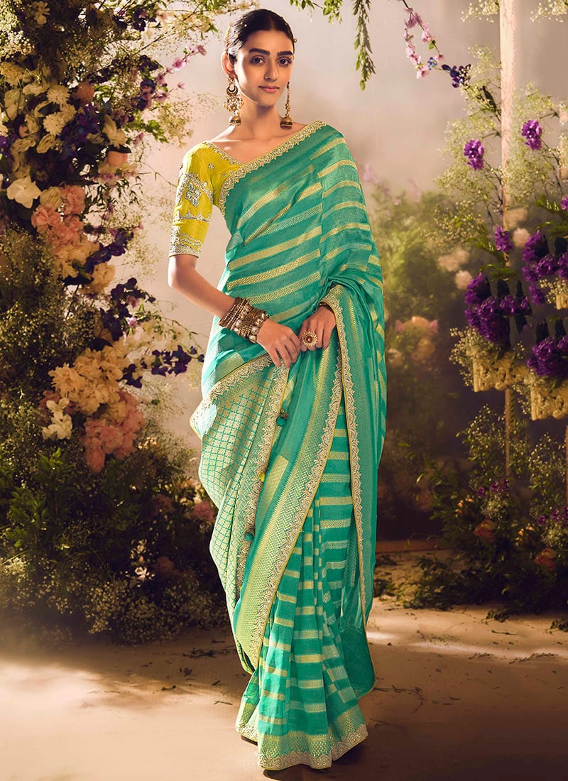 Luxury In Rama Green Silk Jacquard Embroidered Gota Zari Woven Saree Wedding Wear