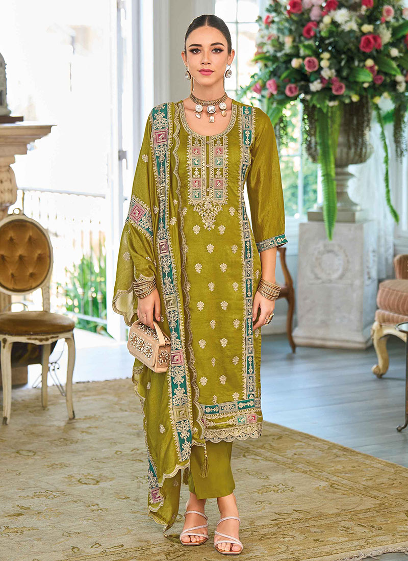 Green Traditional Designer Readymade Pant Suit With Embroidery Sequins Work main image 1