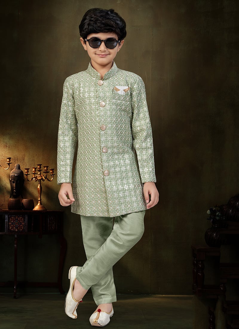 Luxury Pista Green Malai Silk Stone Work Kids Boys Indowestern Sherwani Wedding Wear