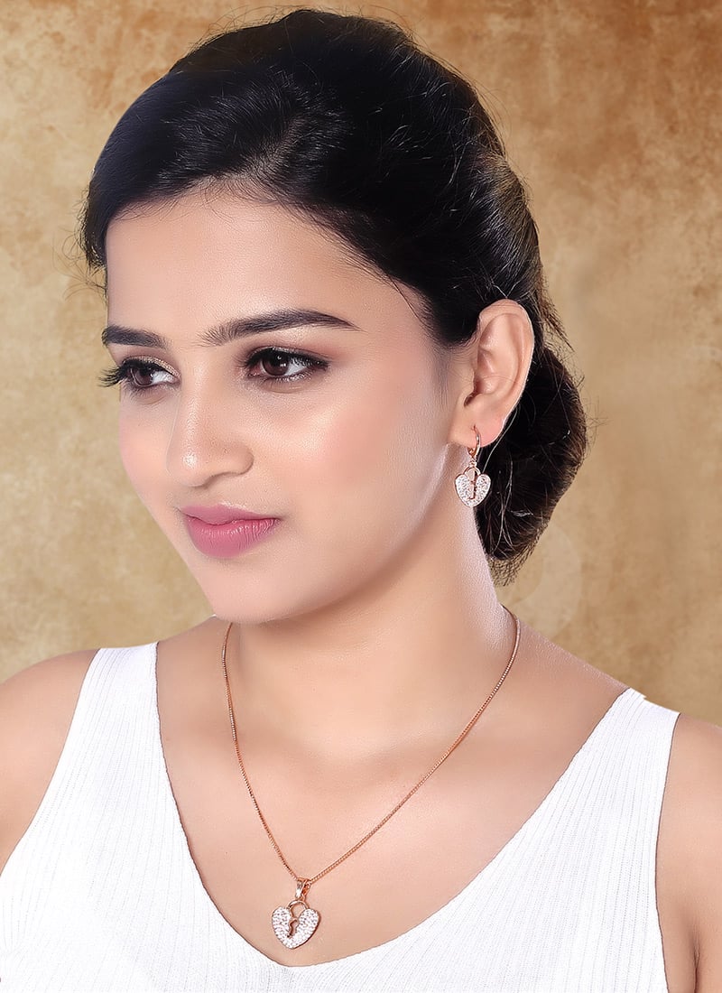 Luxury Rose Gold American Diamond Stone Pendant Set Festive Wear