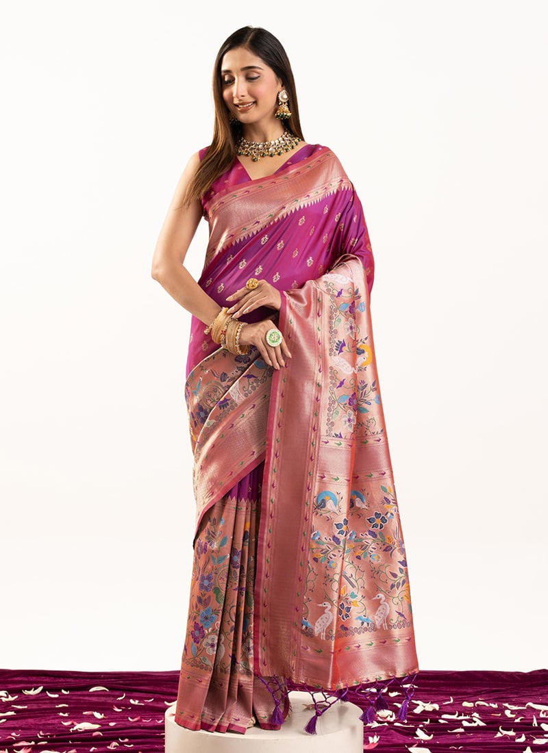Magenta Banarasi Silk Zari Jacquard Meenakari Woven Saree Festive Wear