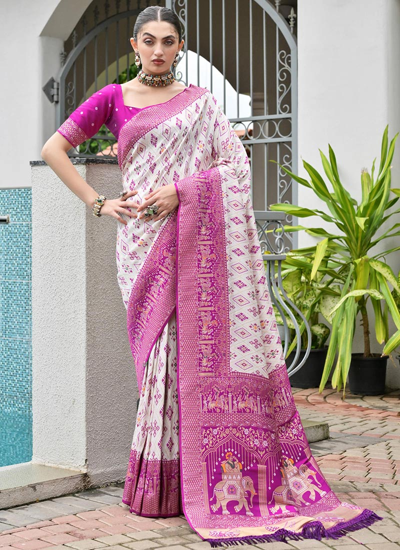 Magenta Banarasi Silk Zari Jacquard Woven Ikkat Print Saree After Six Wear