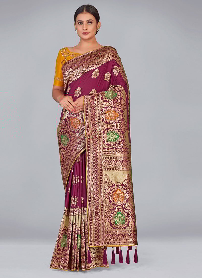 Magenta Banarasi Silk Zari Woven Embroidered Saree Festive Wear
