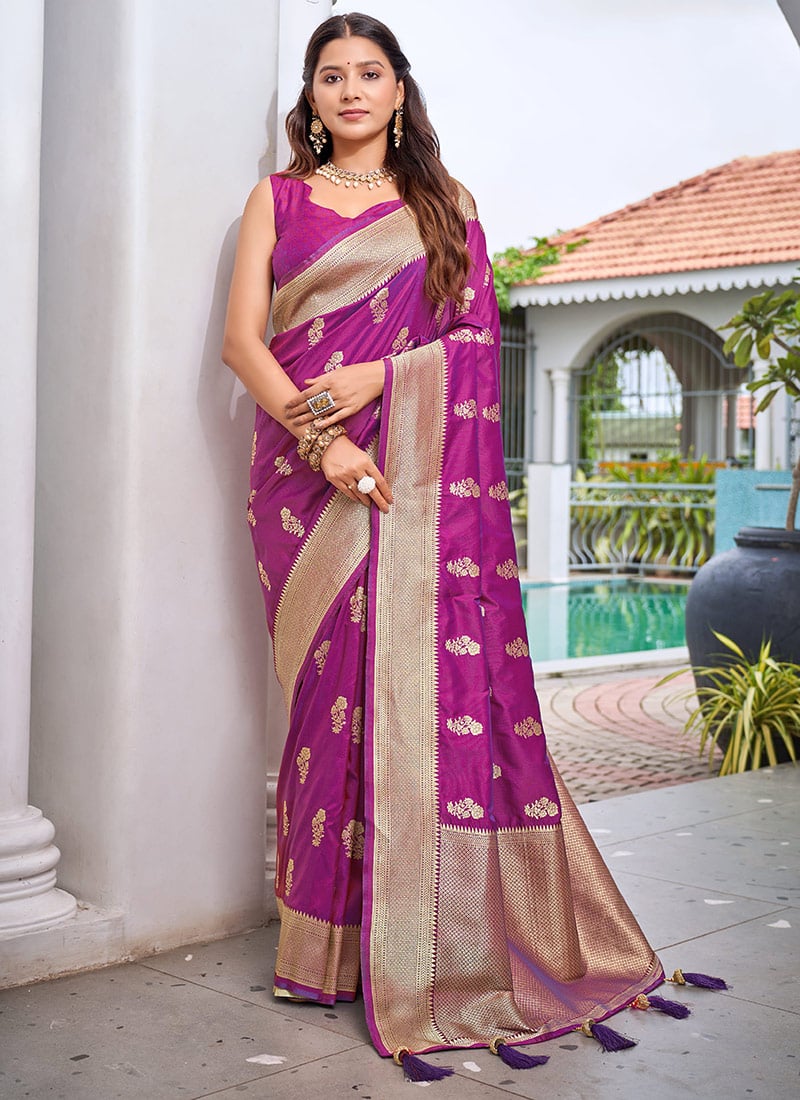 Magenta Banarasi Silk Zari Woven Saree Festive Wear