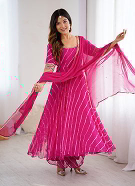 Magenta Chiffon Leheriya Print Anarkali Suit