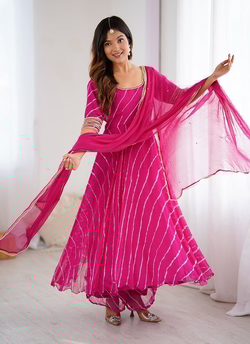 Magenta Chiffon Leheriya Print Anarkali Suit After Six Wear-SLJRPSS2024