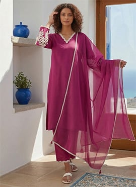 Magenta Chiffon Embroidered With Beads Work Straight Kurta Set
