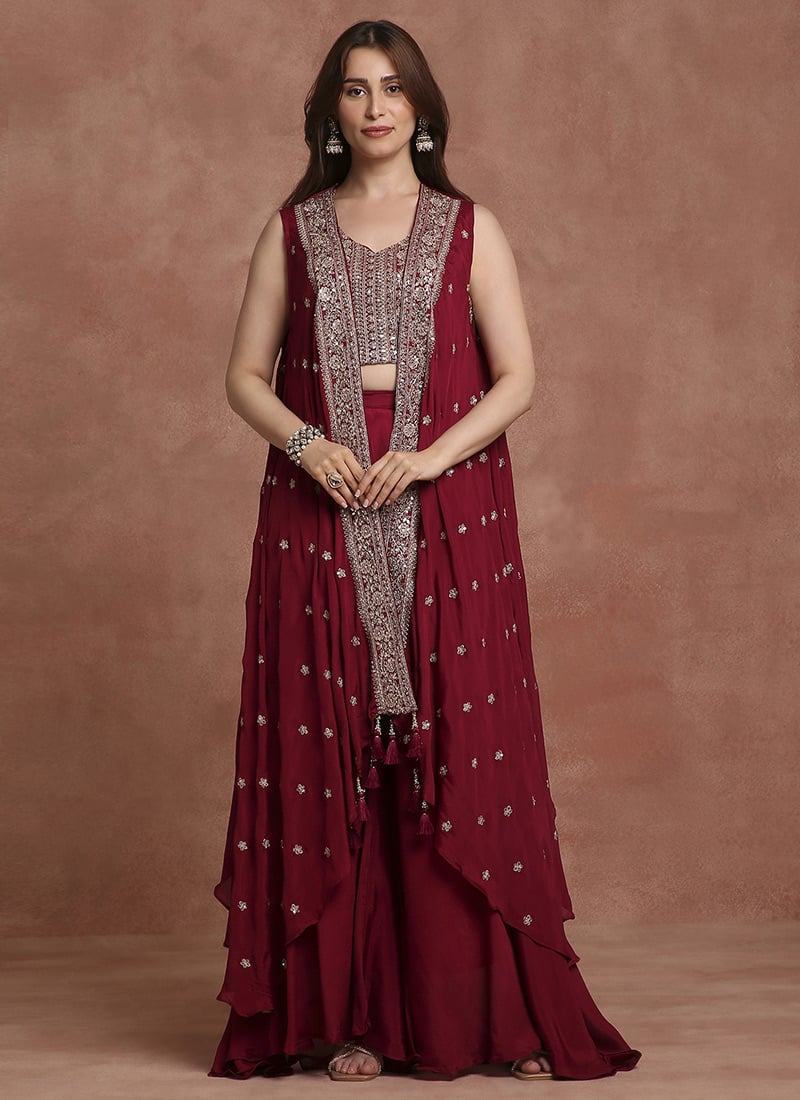Magenta Chiffon Georgette Reshamm And Sequins Palazzo Set