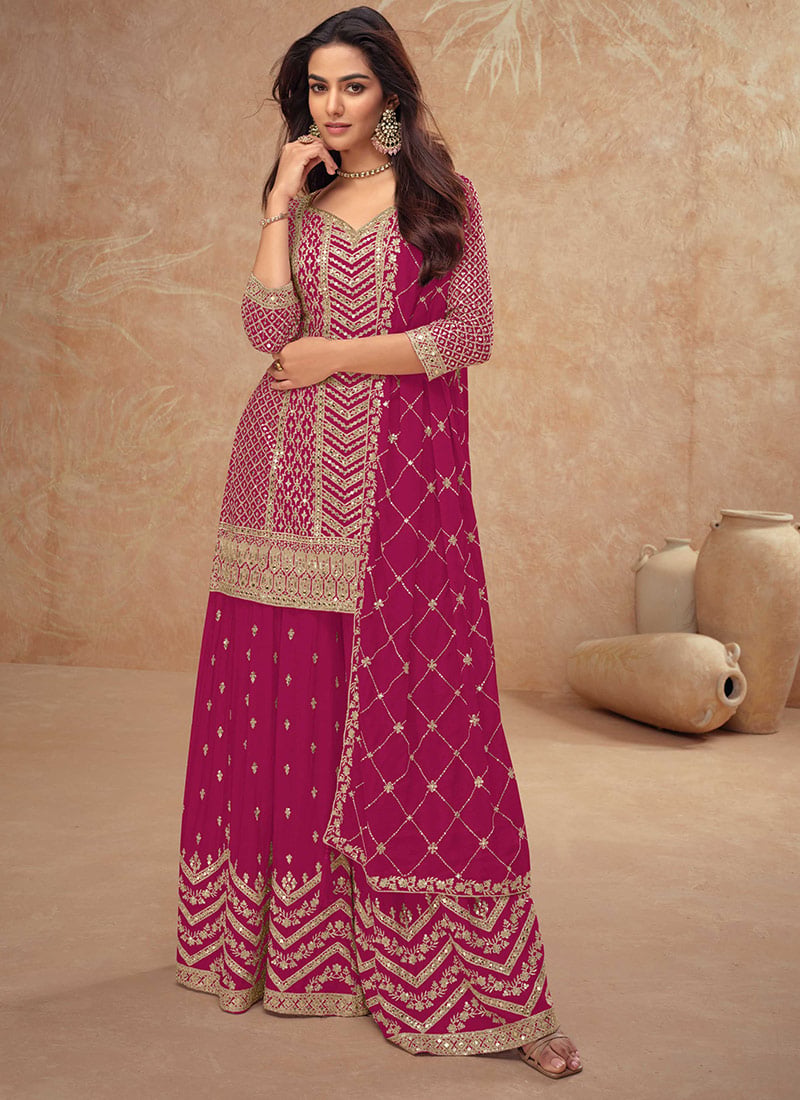 Magenta Chinon Embroidered Sequins Palazzo Suit Festive Wear