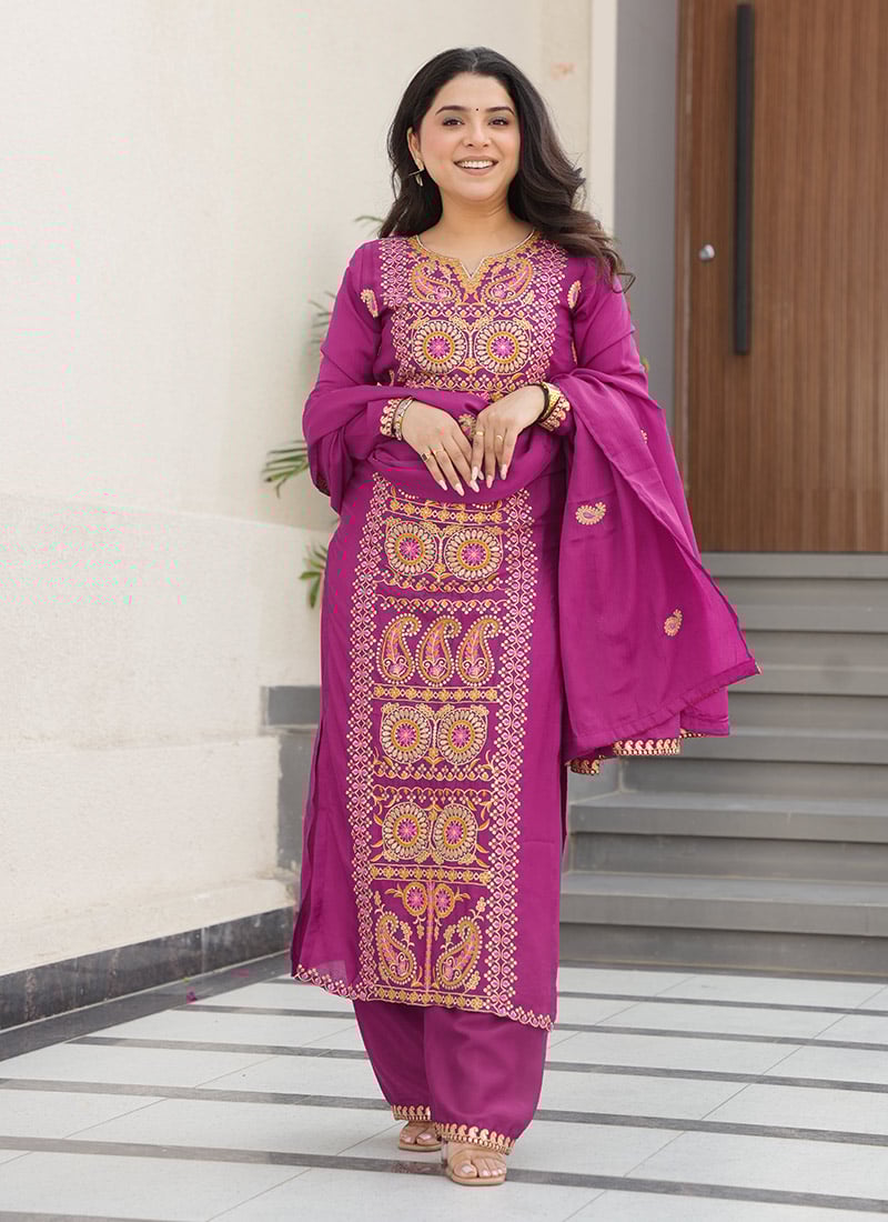 Magenta Chinon Embroidered Sequins Thread Straight Pant Suit Festive Wear