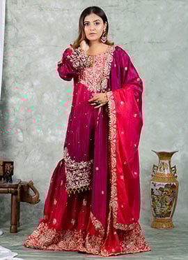 Magenta Chinon Embroidered Sequins With Moti Work Sharara Suit Festive Wear