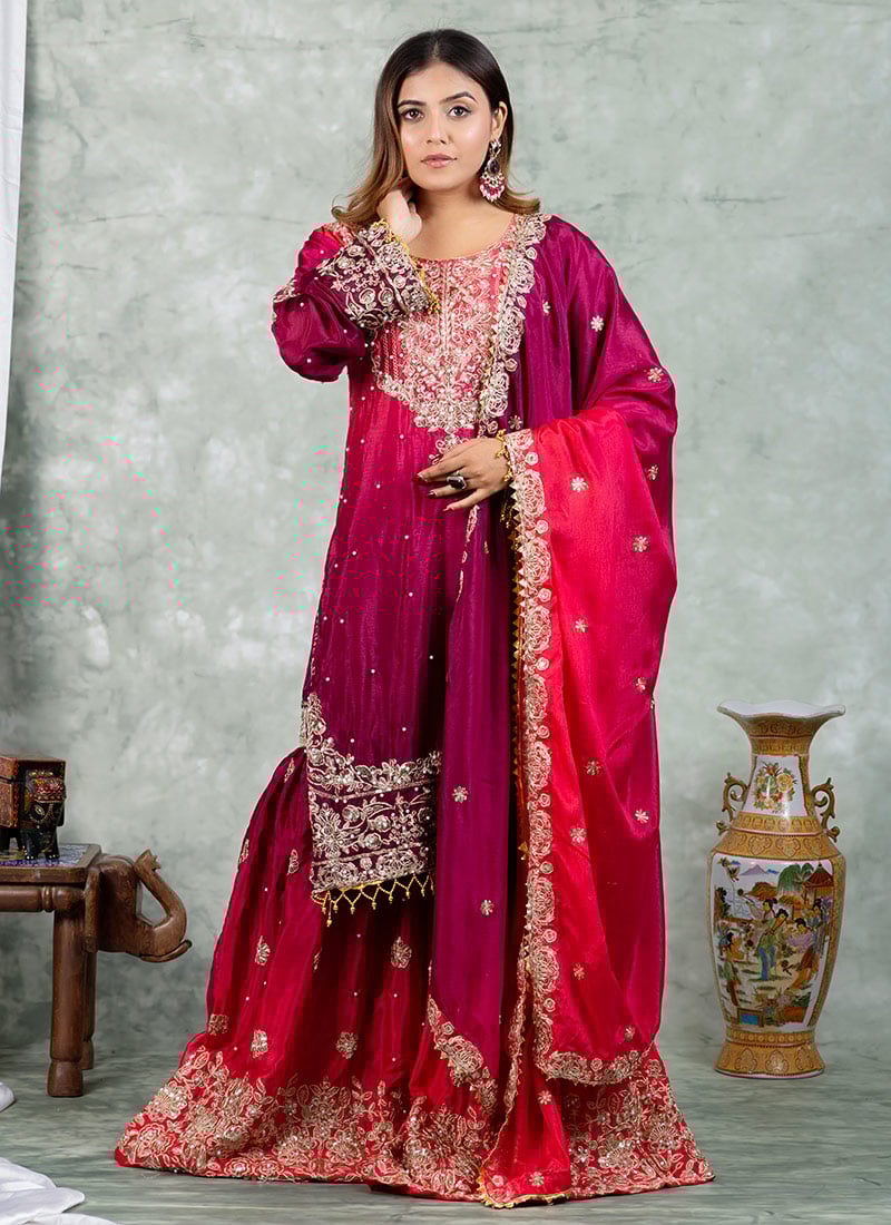 Magenta Chinon Embroidered Sequins With Moti Work Sharara Suit Festive Wear
