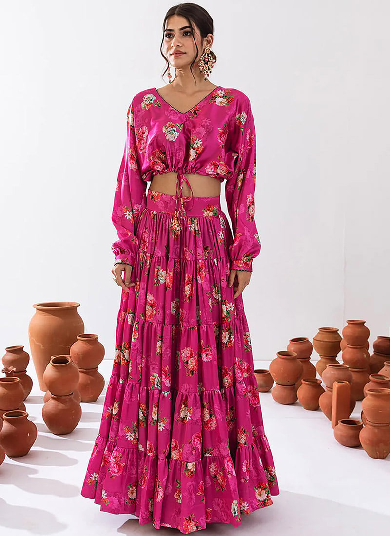 Magenta Chinon Floral Print Indowestern Skirt Set After Six Wear