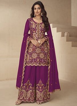 Magenta Chinon Silk Zari And Sequins Embroidered Palazzo Suit