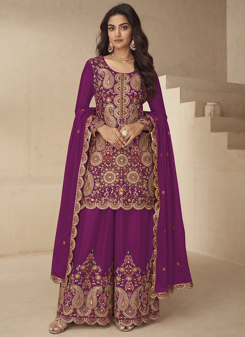 Magenta Chinon Silk Zari And Sequins Embroidered Palazzo Suit Festive Wear