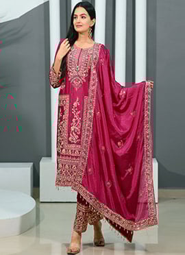 Magenta Chinon Zari Embroidered Sequins Straight Pant Suit