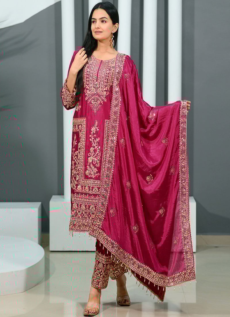 Magenta Chinon Zari Embroidered Sequins Straight Pant Suit Festive Wear