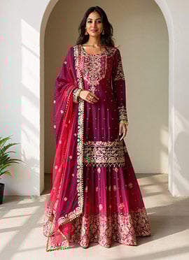 Magenta Chinon Zari Sequins Moti Sharara Suit