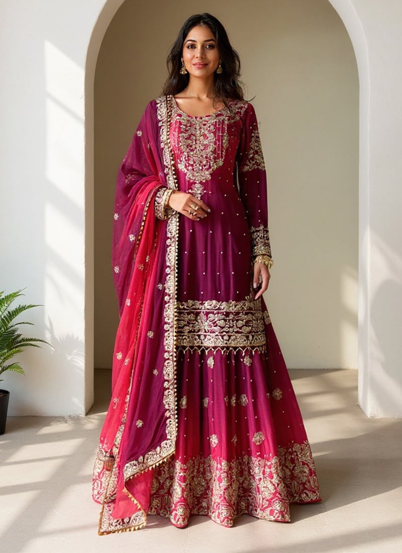 Magenta Chinon Zari Sequins Moti Sharara Suit  Festive Wear