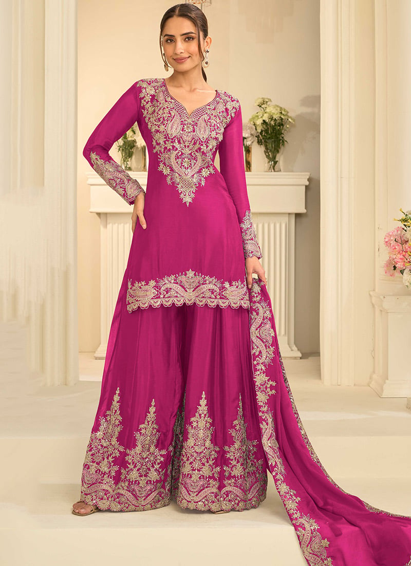 Magenta Chinon Zari Sequins Palazzo Suit Festive Wear