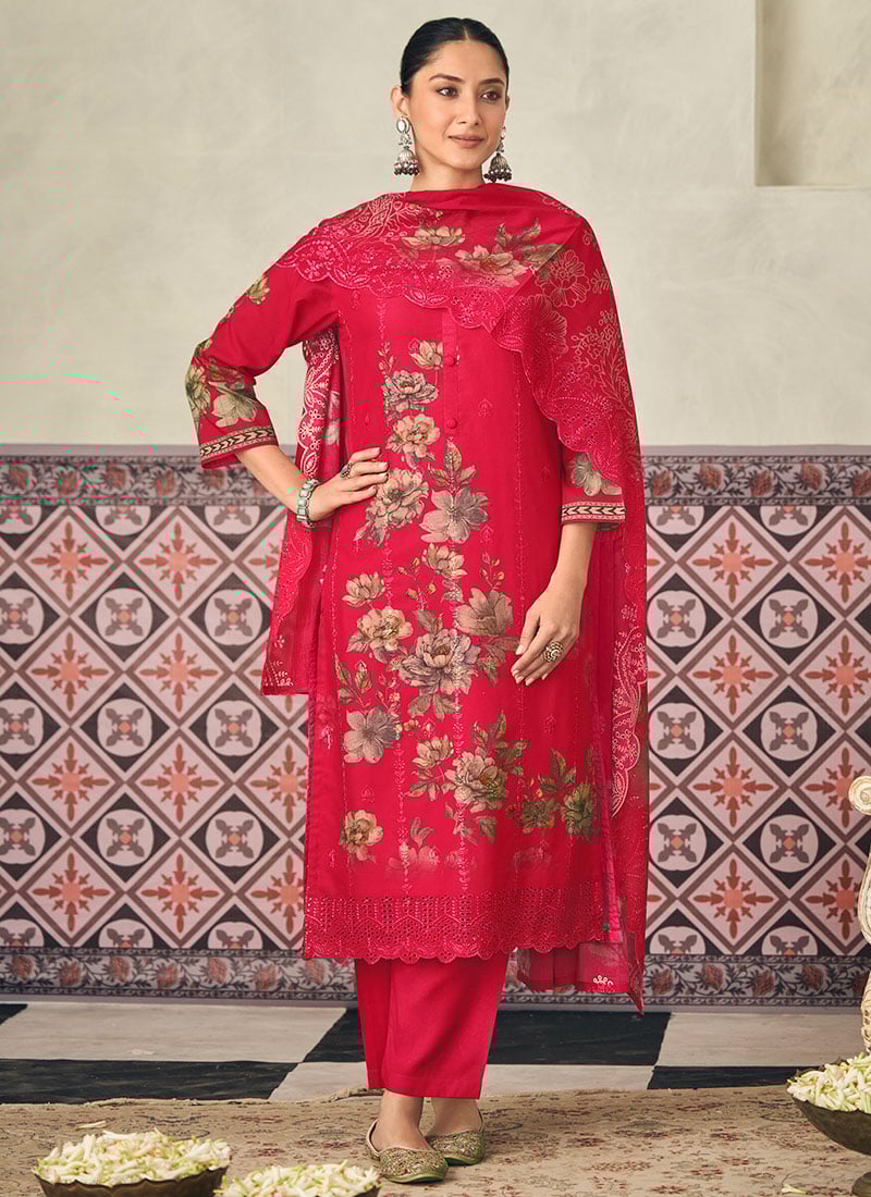 Magenta Cotton Digital Print Straight Pant Suit After Six Wear
