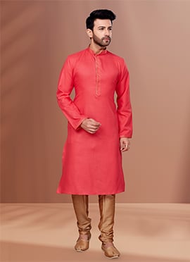 Magenta Cotton Solid Stitch Kurta Pyjama With Mandarin Collar