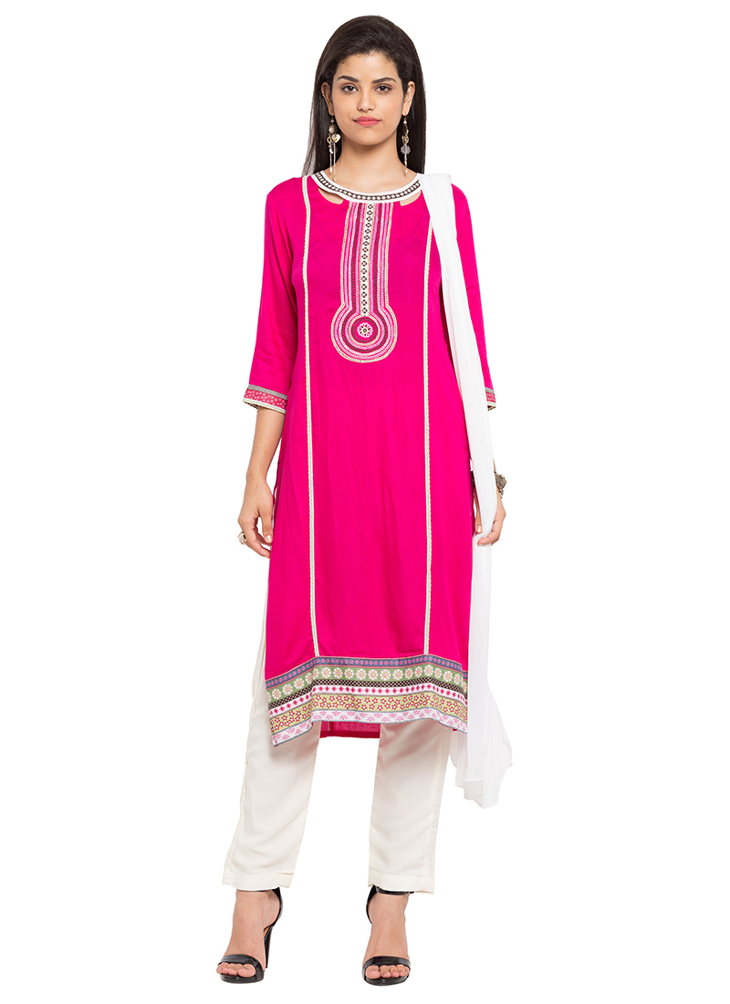 Buy Magenta Cotton Straight Pant Suit, Embroidered, straight pant suit