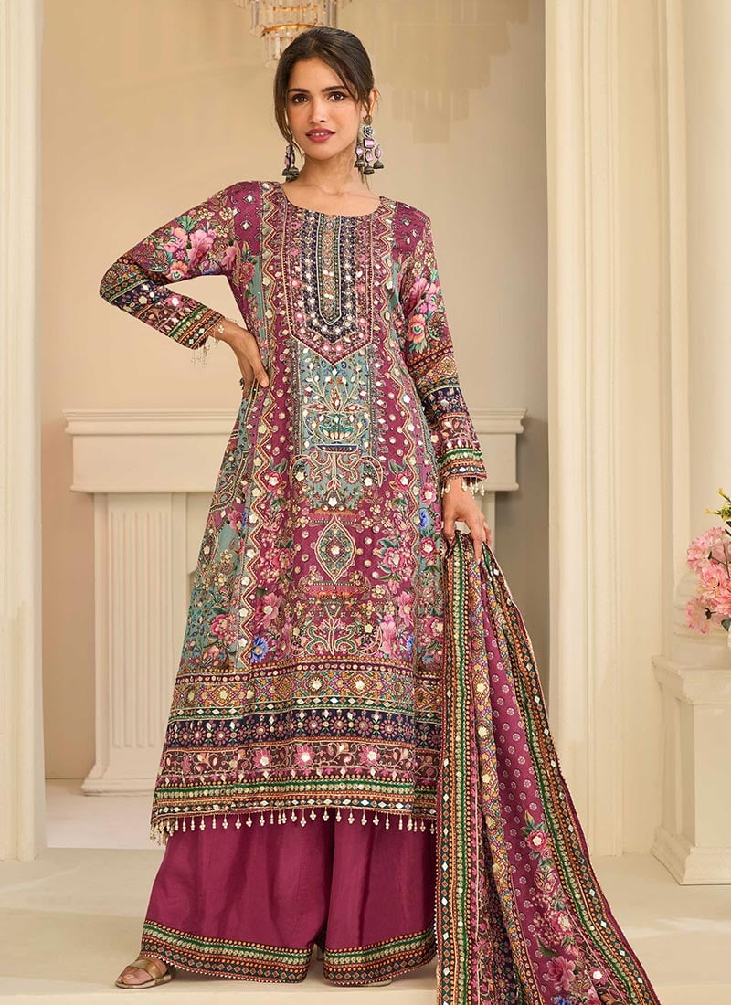 Magenta Crepe Silk Aari Gota Printed Beads Palazzo Suit Festive Wear