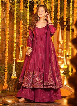 Magenta Crepe Silk Embroidered Sequins Anarkali Suit