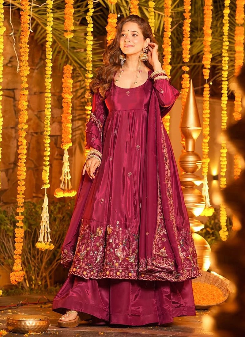 Magenta Crepe Silk Embroidered Sequins Anarkali Suit Festive Wear