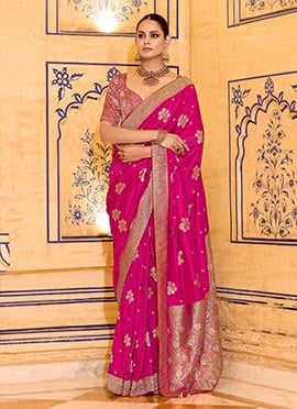 Magenta Crepe Silk Zari Jacquard Floral Woven Saree