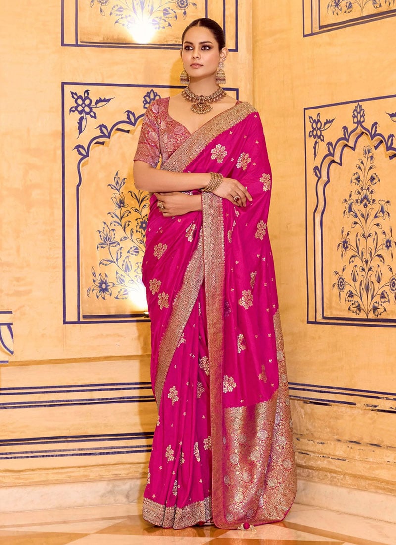 Magenta Crepe Silk Zari Jacquard Floral Woven Saree Festive Wear
