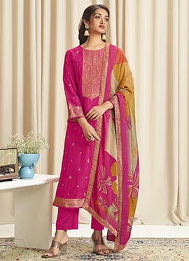 Magenta Dola Silk Jacquard Digital Print Straight Pant Suit