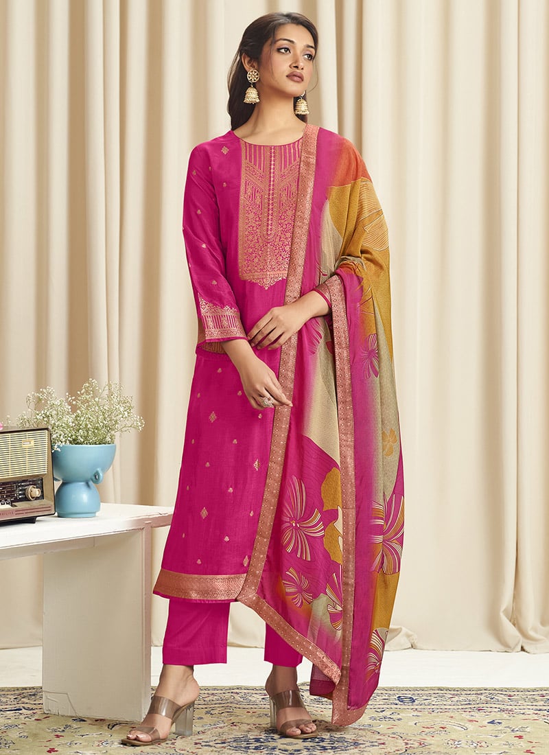 Magenta Dola Silk Jacquard Digital Print Straight Pant Suit After Six Wear