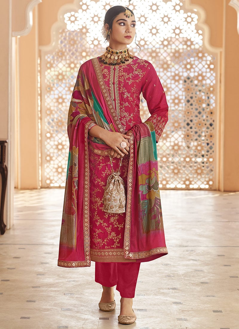 Magenta Dola Silk Jacquard Embroidered Sequins Straight Pant Suit Festive Wear