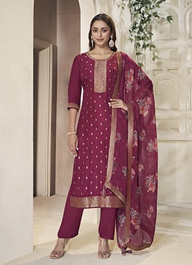 Magenta Dola Silk Jacquard Sequins Digital Print Straight Pant Suit