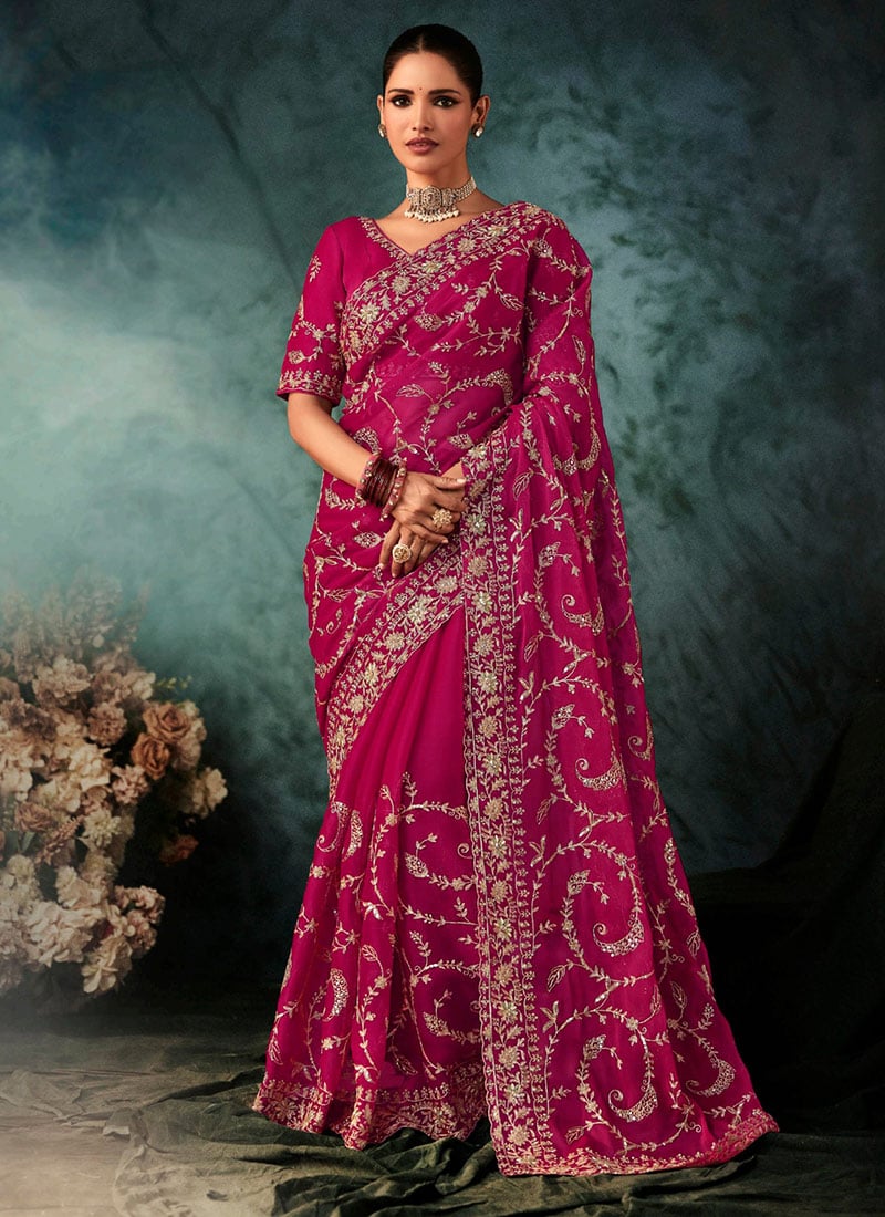 Magenta Fancy Silk Zari Embroidered Sequins Stones Saree Wedding Wear