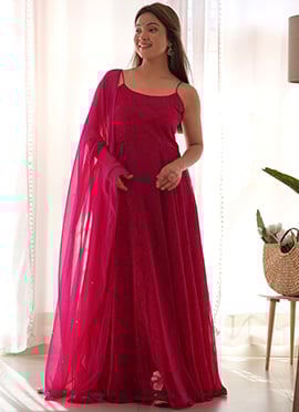 Magenta Faux Georgette Bandhini Print Anarkali Gown