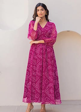 Magenta Faux Georgette Digital Print Fit And Flare Dress