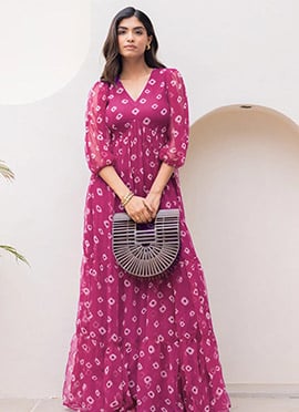 Magenta Faux Georgette Digital Print Maxi Dress