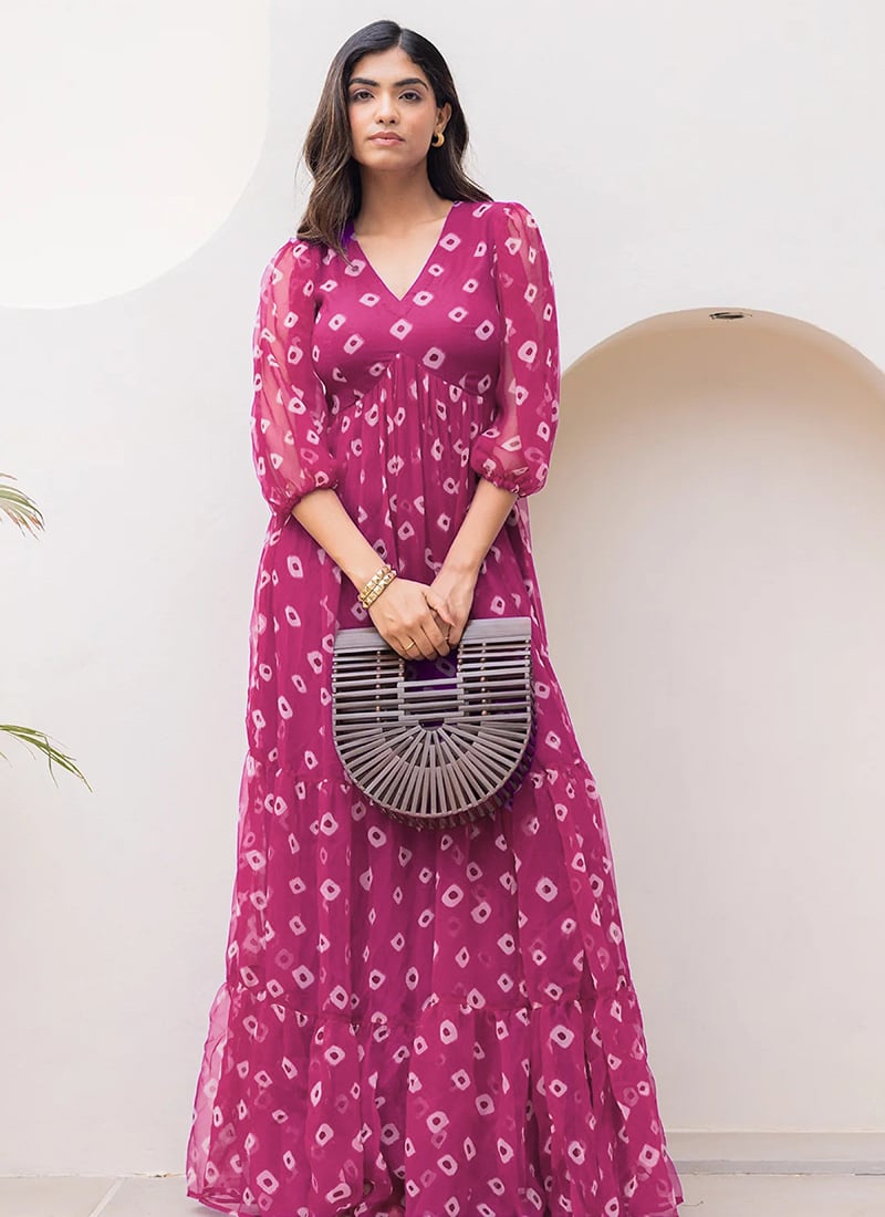 Magenta Faux Georgette Digital Print Maxi Dress After Six Wear