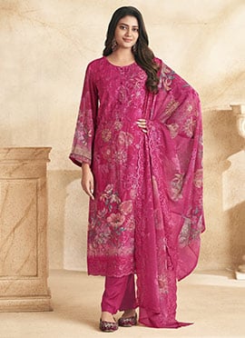 Magenta Faux Georgette Digital Print Straight Pant Suit