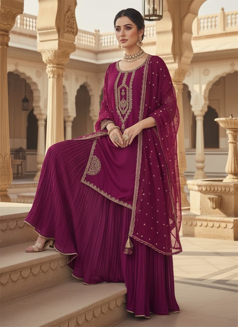 Magenta Faux Georgette Sequins Zari Long Choli Lehenga Set Festive Wear