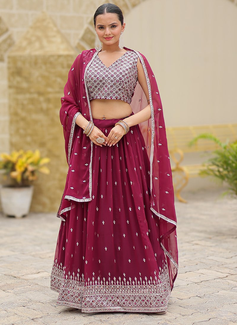 Magenta Faux Georgette Thread Embroidered And Sequins A Line Lehenga