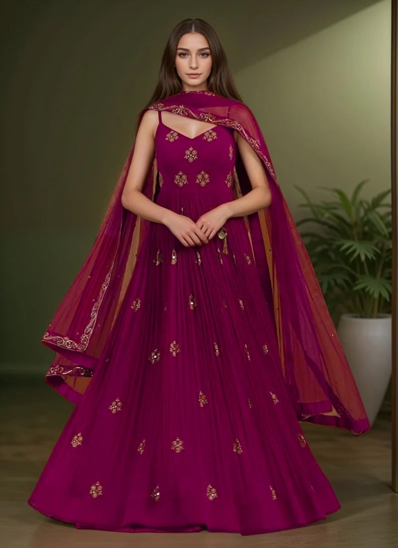 Magenta Georgette Zari And Cutdana Hand Embroidered Anarkali Suit Festive Wear